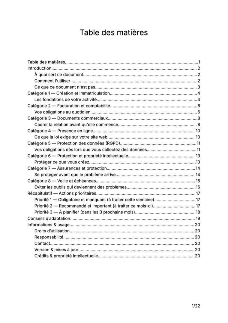 Sommaire — Checklist administrative et juridique : les essentiels pour exercer en règle en indépendant