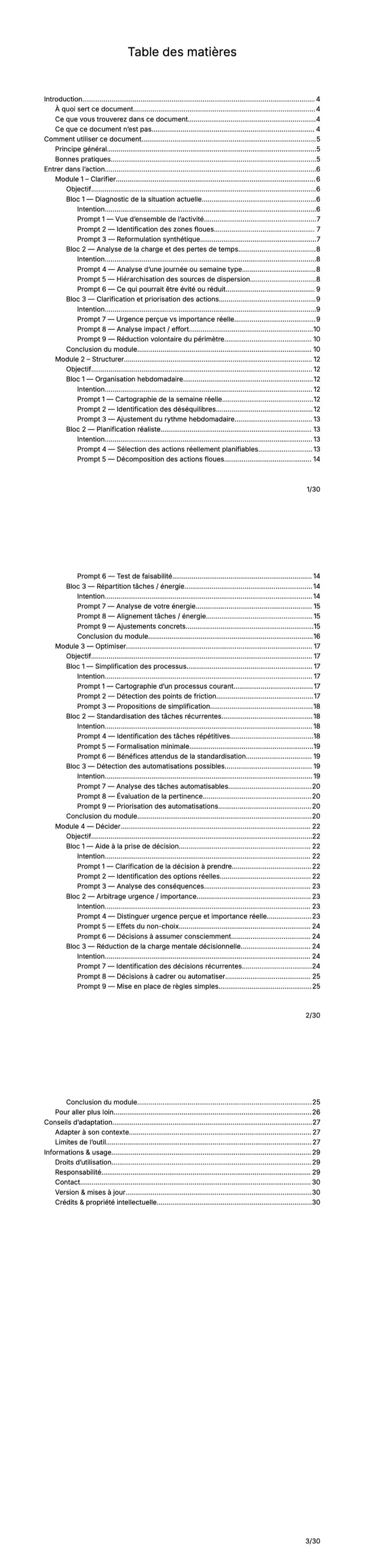 Sommaire — S'organiser et agir avec l'IA : 36 prompts pour reprendre le contrôle de votre organisation